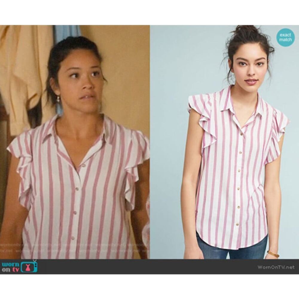 Anthropologie Maeve Fairhope Striped Button Down Rose Pink / White Size S